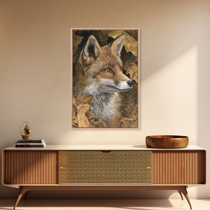 Fox in Autumn Forest Leaves Framed Canvas Print, Wildlife Art, Canvas Print, Living Room Decor, Fine Art, Wild, Forest Wall Art, WIL-2x3-89