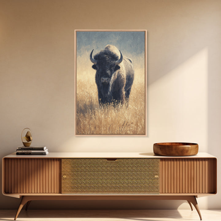 Bison on Wide Western Prairie Framed Canvas Print, Wildlife Art, Living Room Decor, Wild, Living Room Art, Canvas Painting, WIL-2x3-93