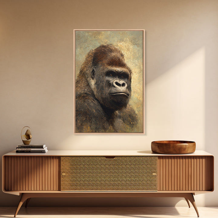 Gorilla Portrait with Powerful Gaze Framed Canvas Print, Wildlife Art, Wall Art Print, Living Room Decor, Oil Painting, Wild, WIL-2x3-97