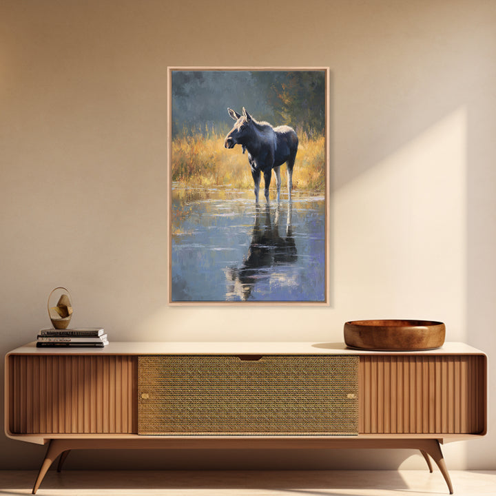 Moose Standing in Reflective Lake Canvas Print, Wildlife Art, Modern Wall Art, Living Room Decor, Fine Art, Wild, Bird Wall Art, WIL-2x3-99