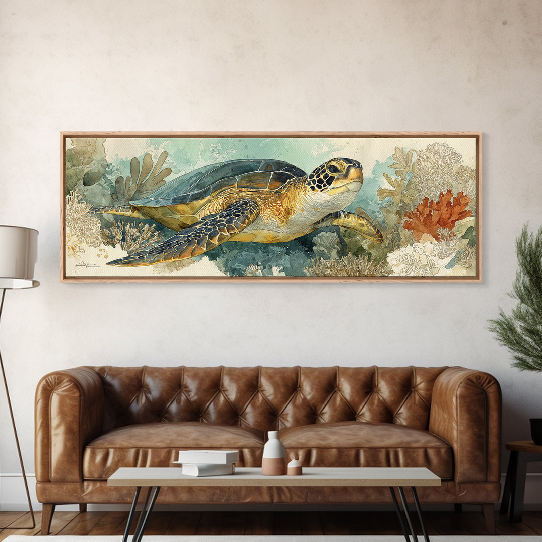 Sea Turtle over Coral Reef Framed Canvas Print, Wildlife Art, Home Decor, Living Room Decor, Fine Art, Wild, Boho Wall Decor, WIL-3x1-10