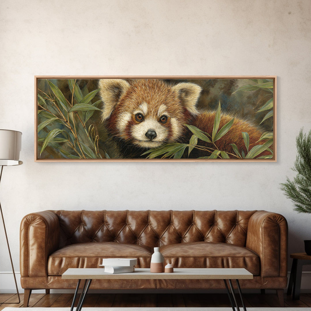 Red Panda Among Bamboo Leaves Framed Canvas Print, Wildlife Art, Canvas Painting, Living Room Decor, Wild, Luxury Decor, WIL-3x1-12