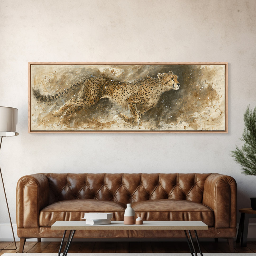 Cheetah Running Through Warm Dust Canvas Print, Wildlife Art, Living Room Decor, Wild, Living Room Art, Canvas Painting, WIL-3x1-13