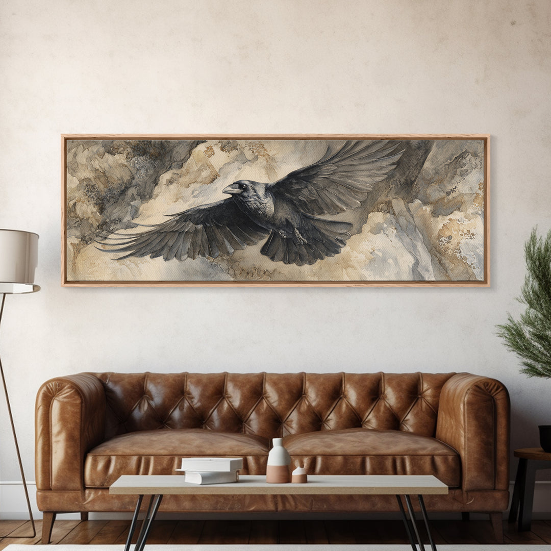 Raven Flying Through Snowy Mountains Canvas Print, Wildlife Art, Modern Art, Living Room Decor, Watercolor Art, Wild, WIL-3x1-16