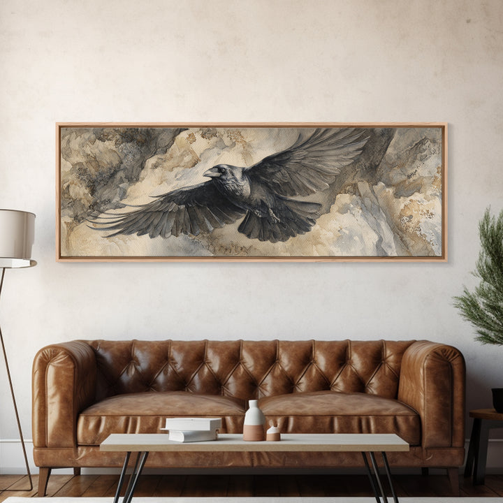 Raven Flying Through Snowy Mountains Canvas Print, Wildlife Art, Modern Art, Living Room Decor, Watercolor Art, Wild, WIL-3x1-16