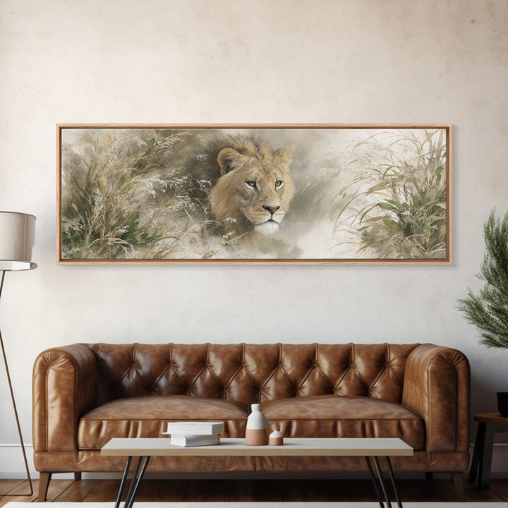 Lion Emerging from Golden Savanna Grass Framed Canvas Print, Wildlife Art, Bird Art, Living Room Decor, Fine Art, Wild, WIL-3x1-17