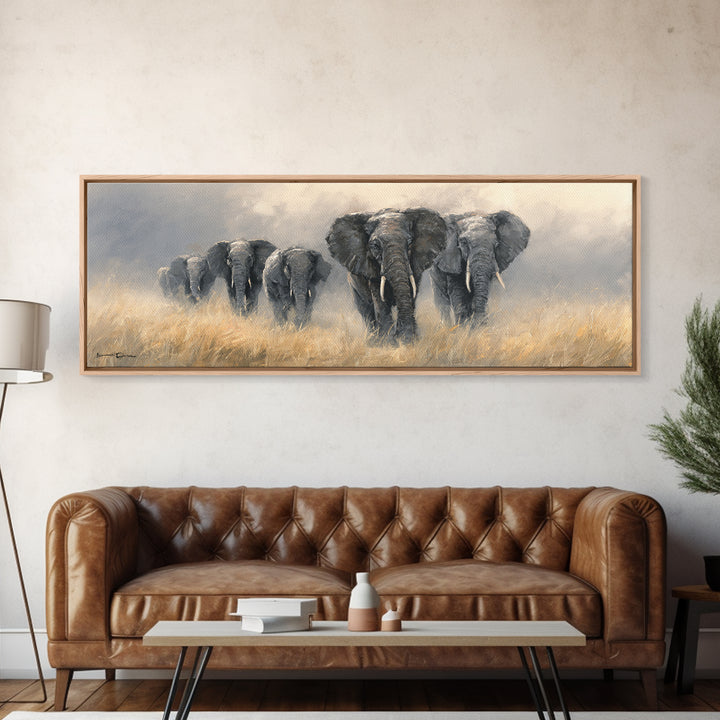 Elephant Herd Walking Through Dusty Sunset Framed Canvas Print, Wildlife Art, Original Art, Living Room Decor, Fine Art, Wild, WIL-3x1-18