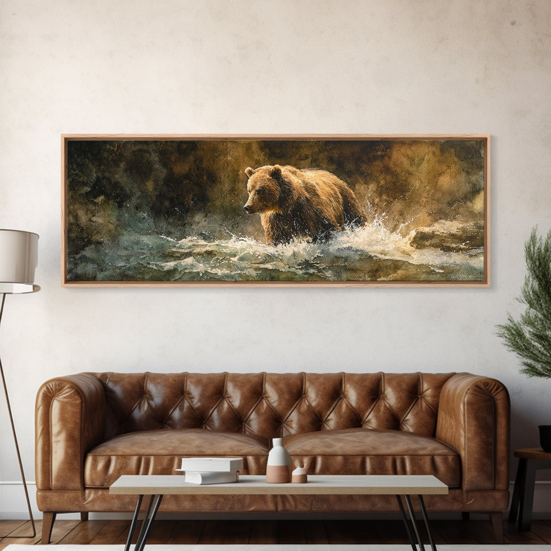 Bear Fishing in Rushing Mountain River Canvas Print, Wildlife Art, Nature Wall Art, Living Room Decor, Oil Painting, Wild, WIL-3x1-20