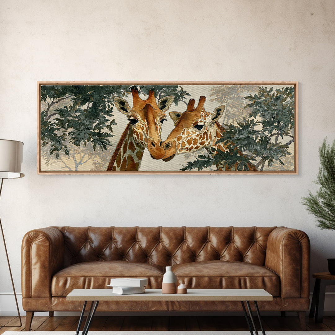 Giraffe Pair under Acacia Tree Framed Canvas Print, Wildlife Art, Boho Decor, Living Room Decor, Fine Art, Wild, Painting, WIL-3x1-23