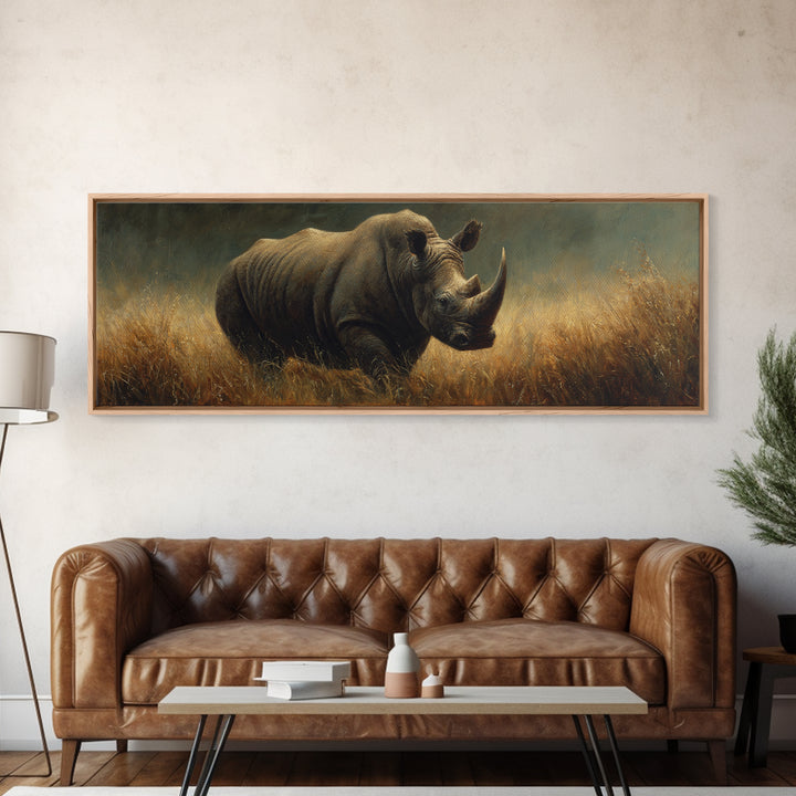 Rhino in Dramatic Stormy Light Canvas Print, Wildlife Art, Rustic Home Decor, Living Room Decor, Fine Art, Wild, WIL-3x1-24