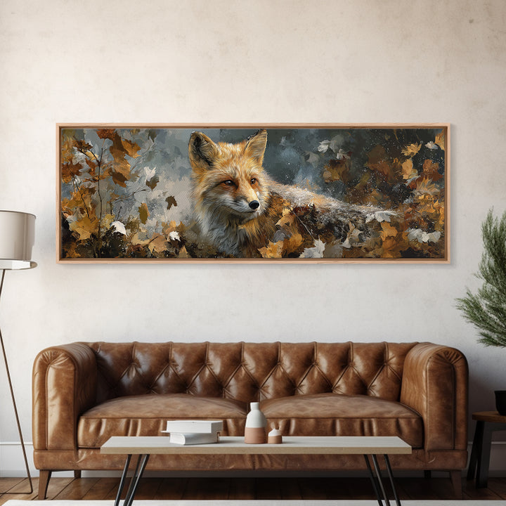 Fox in Autumn Forest Leaves Canvas Print, Wildlife Art, Modern Art, Living Room Decor, Fine Art, Wild, Neutral Decor, WIL-3x1-25