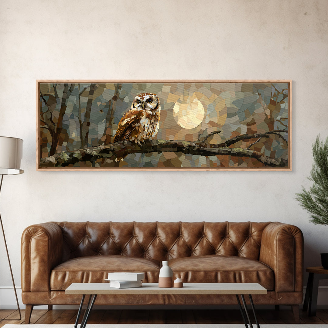 Owl Perched in Moonlit Woodland Framed Canvas Print, Wildlife Art, Forest Wall Art, Living Room Decor, Oil Painting, Wild, WIL-3x1-28