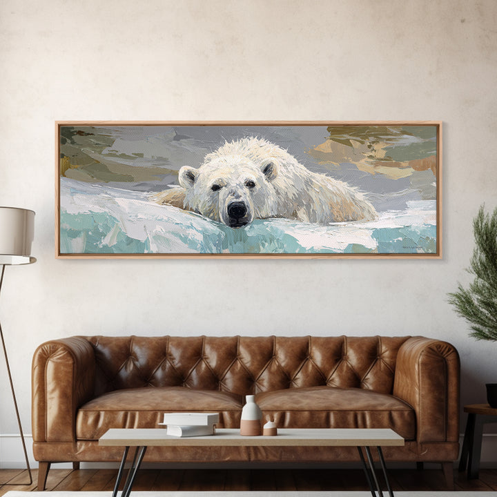 Polar Bear Crossing Blue Ice Canvas Print, Wildlife Art, Luxury Decor, Living Room Decor, Abstract Art, Wild, Oil Painting, WIL-3x1-31