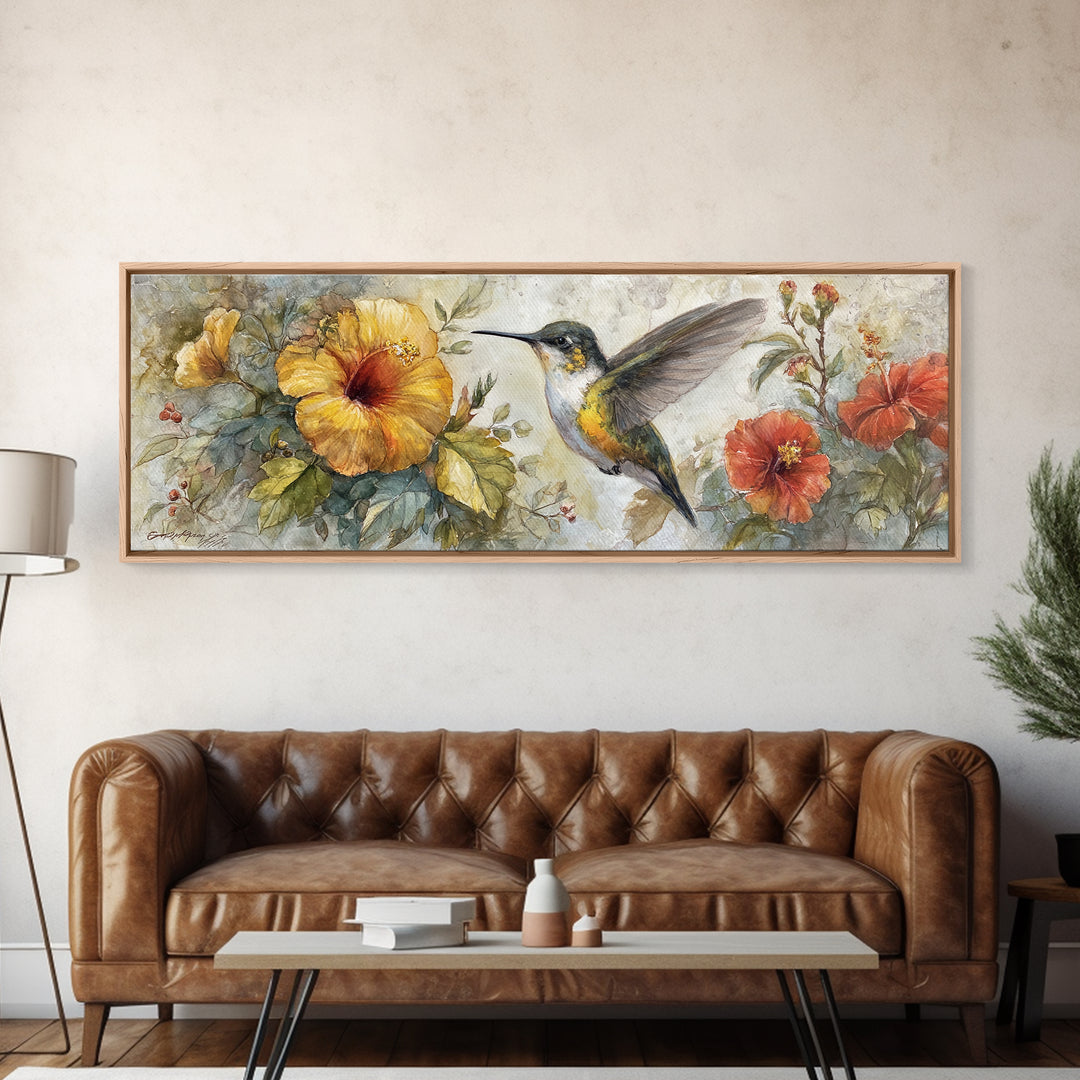 Hummingbird Beside Bright Flowers Framed Canvas Print, Wildlife Art, Unique Home Decor, Living Room Decor, Fine Art, Wild, WIL-3x1-32