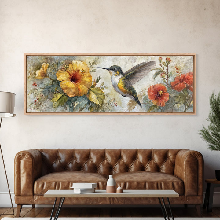 Hummingbird Beside Bright Flowers Framed Canvas Print, Wildlife Art, Unique Home Decor, Living Room Decor, Fine Art, Wild, WIL-3x1-32