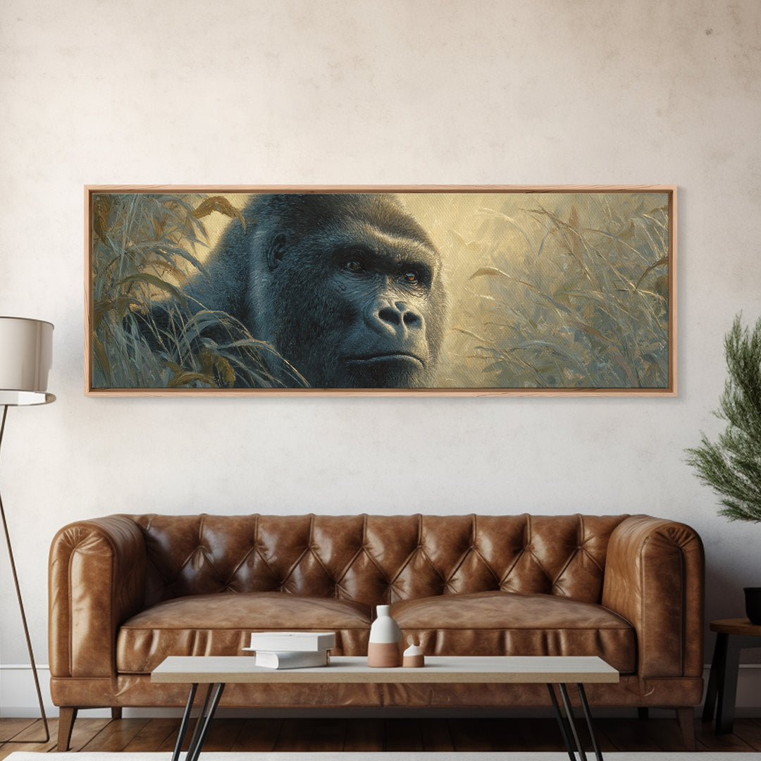 Gorilla Portrait with Powerful Gaze Canvas Print, Wildlife Art, Canvas Print, Living Room Decor, Wild, Forest Wall Art, WIL-3x1-33