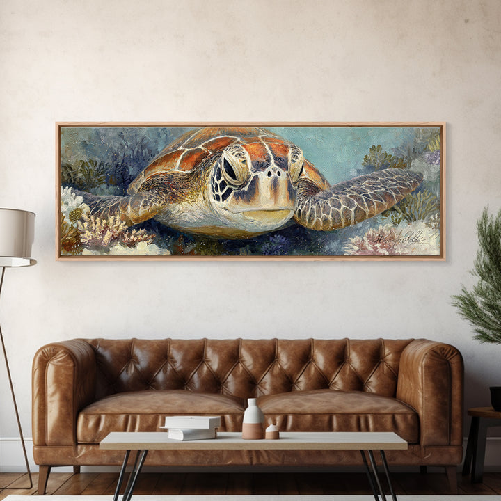 Sea Turtle over Coral Reef Canvas Print, Wildlife Art, Digital Wall Art, Living Room Decor, Abstract Art, Wild, Modern Art, WIL-3x1-34