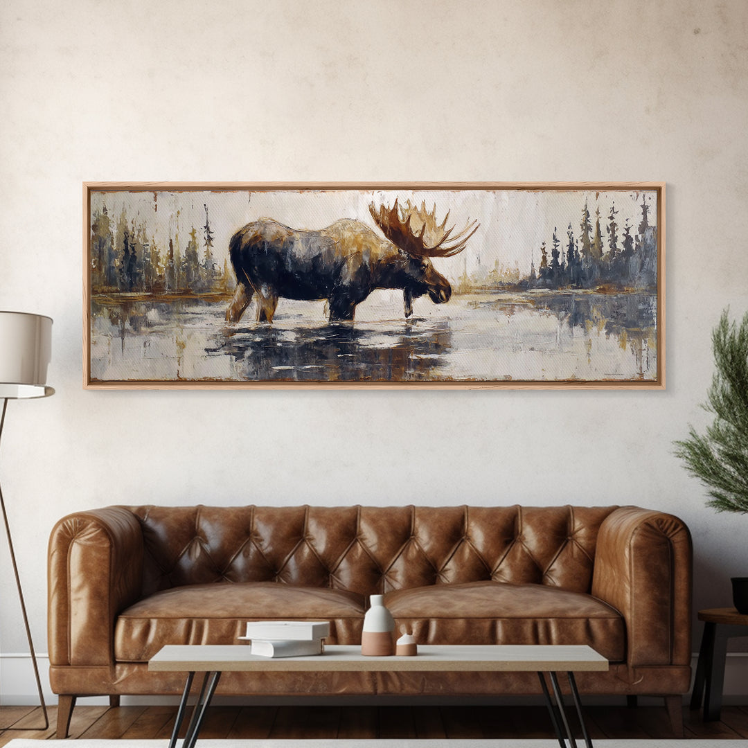 Moose Standing in Reflective Lake Canvas Print, Wildlife Art, Living Room Decor, Oil Painting, Wild, Digital Wall Art, WIL-3x1-35