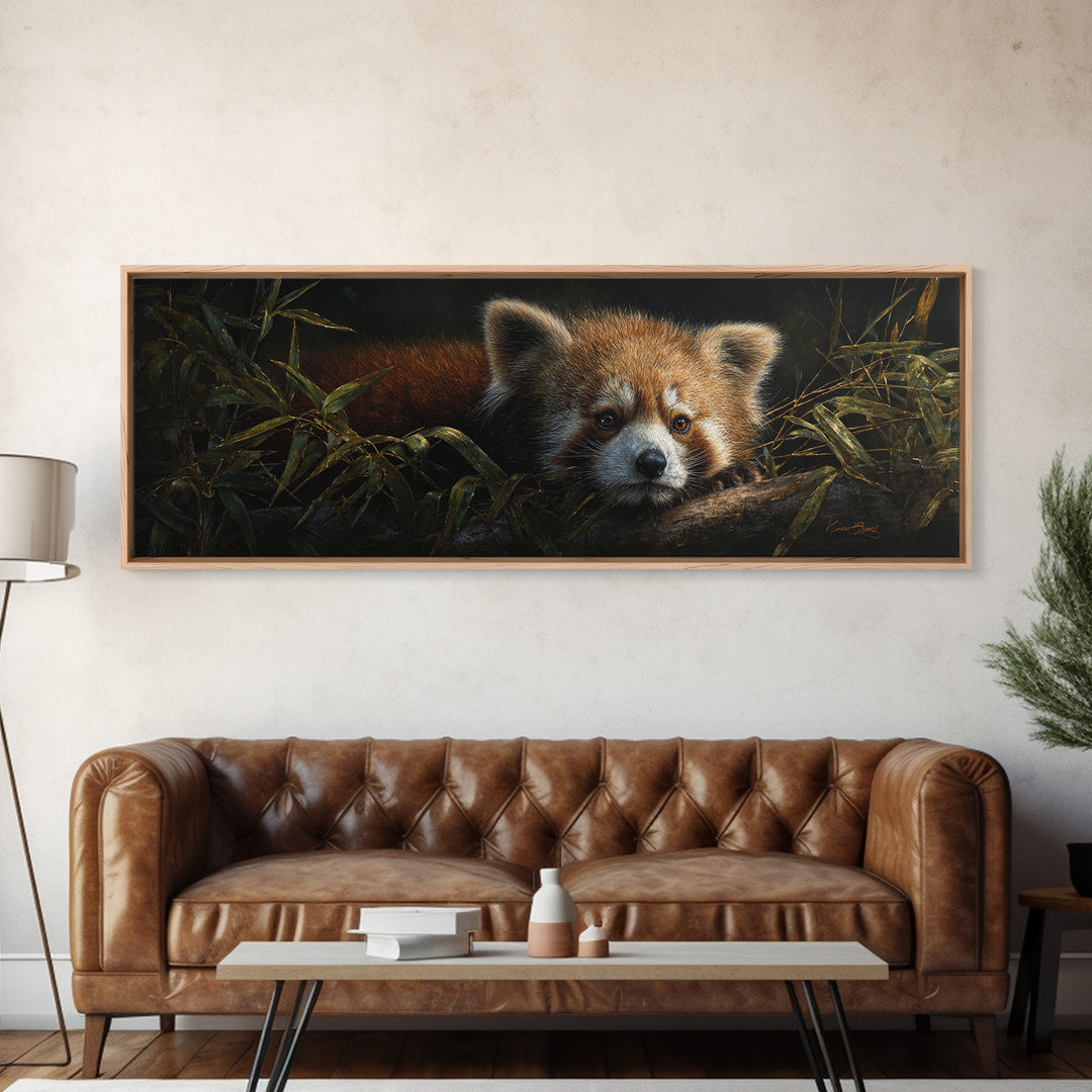 Red Panda Among Bamboo Leaves Canvas Print, Wildlife Art, Original Artwork, Living Room Decor, Fine Art, Wild, Minimalist Decor, WIL-3x1-36