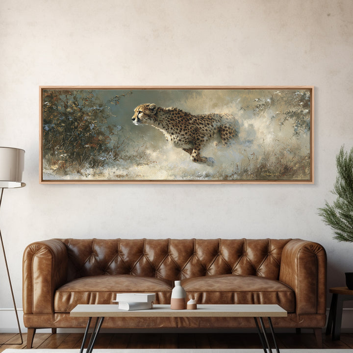 Cheetah Running Through Warm Dust Framed Canvas Print, Wildlife Art, Living Room Wall Art, Living Room Decor, Watercolor Art, WIL-3x1-37