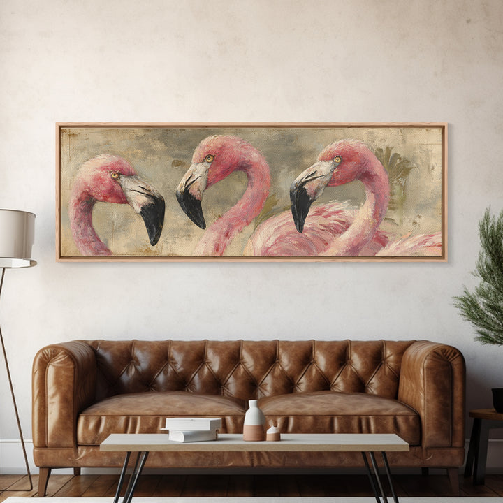 Flamingos in Pink Shallow Water Canvas Print, Wildlife Art, Large Wall Art, Living Room Decor, Fine Art, Wild, Landscape Art, WIL-3x1-38