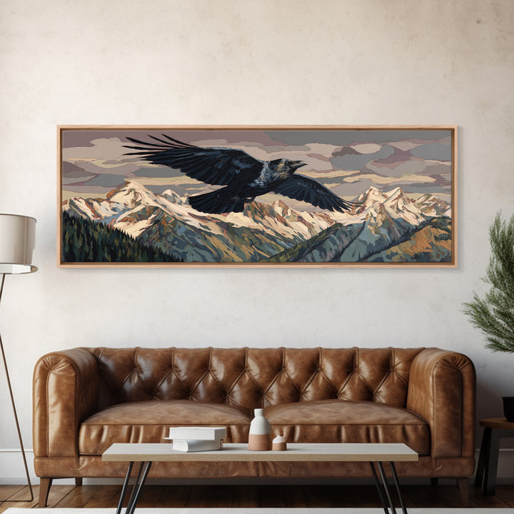 Raven Flying Through Snowy Mountains Canvas Print, Wildlife Art, Gallery Decor, Living Room Decor, Oil Painting, Wild, WIL-3x1-40