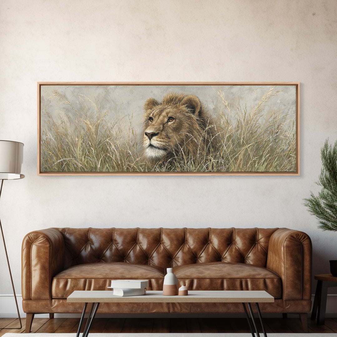 Lion Emerging from Golden Savanna Grass Canvas Print, Wildlife Art, Living Room Art, Living Room Decor, Watercolor Art, Wild, WIL-3x1-41