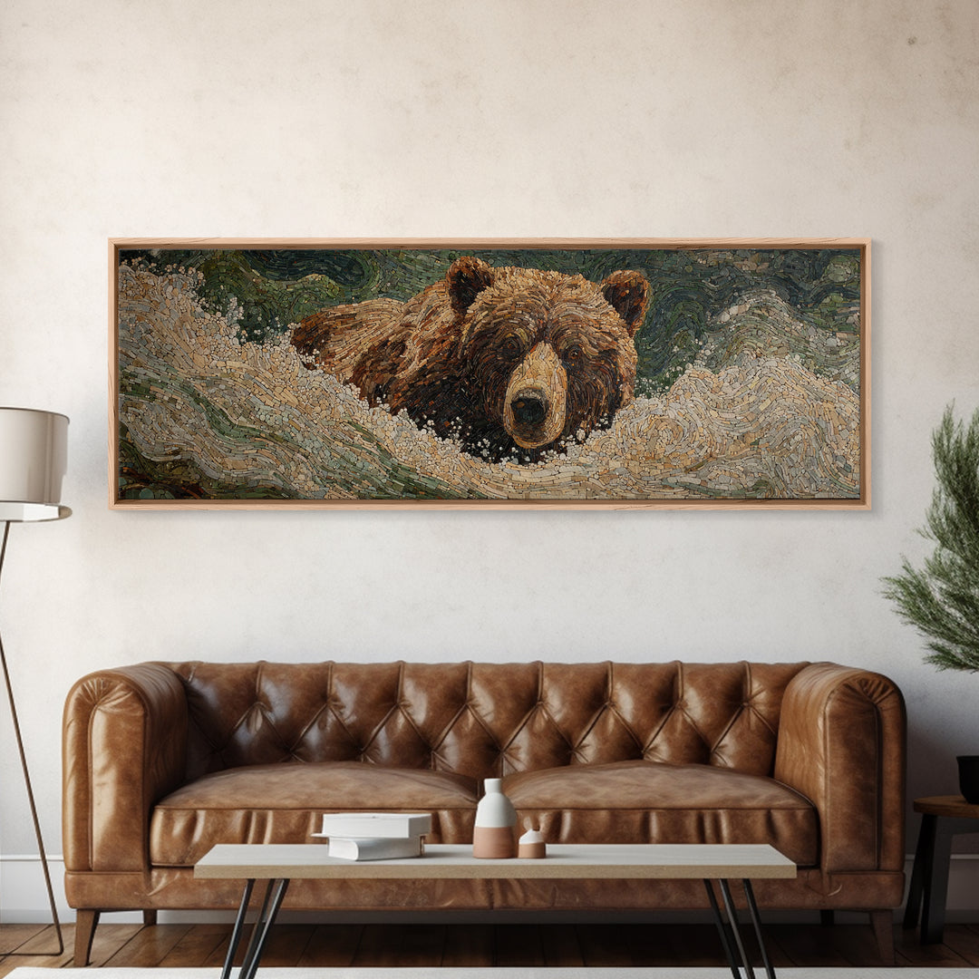 Bear Fishing in Rushing Mountain River Framed Canvas Print, Wildlife Art, Neutral Decor, Living Room Decor, Fine Art, Wild, WIL-3x1-44