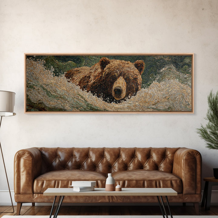 Bear Fishing in Rushing Mountain River Framed Canvas Print, Wildlife Art, Neutral Decor, Living Room Decor, Fine Art, Wild, WIL-3x1-44