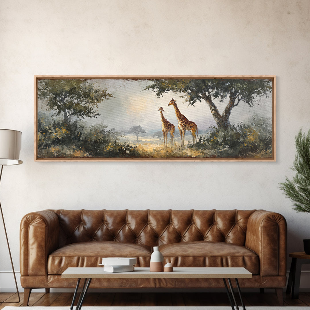 Giraffe Pair under Acacia Tree Framed Canvas Print, Wildlife Art, Wall Decor, Living Room Decor, Oil Painting, Wild, Bird Art, WIL-3x1-47