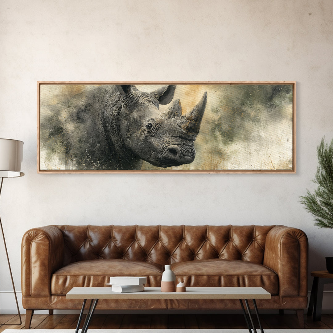 Rhino in Dramatic Stormy Light Canvas Print, Wildlife Art, Art Print, Living Room Decor, Fine Art, Wild, Digital Wall Art, WIL-3x1-48