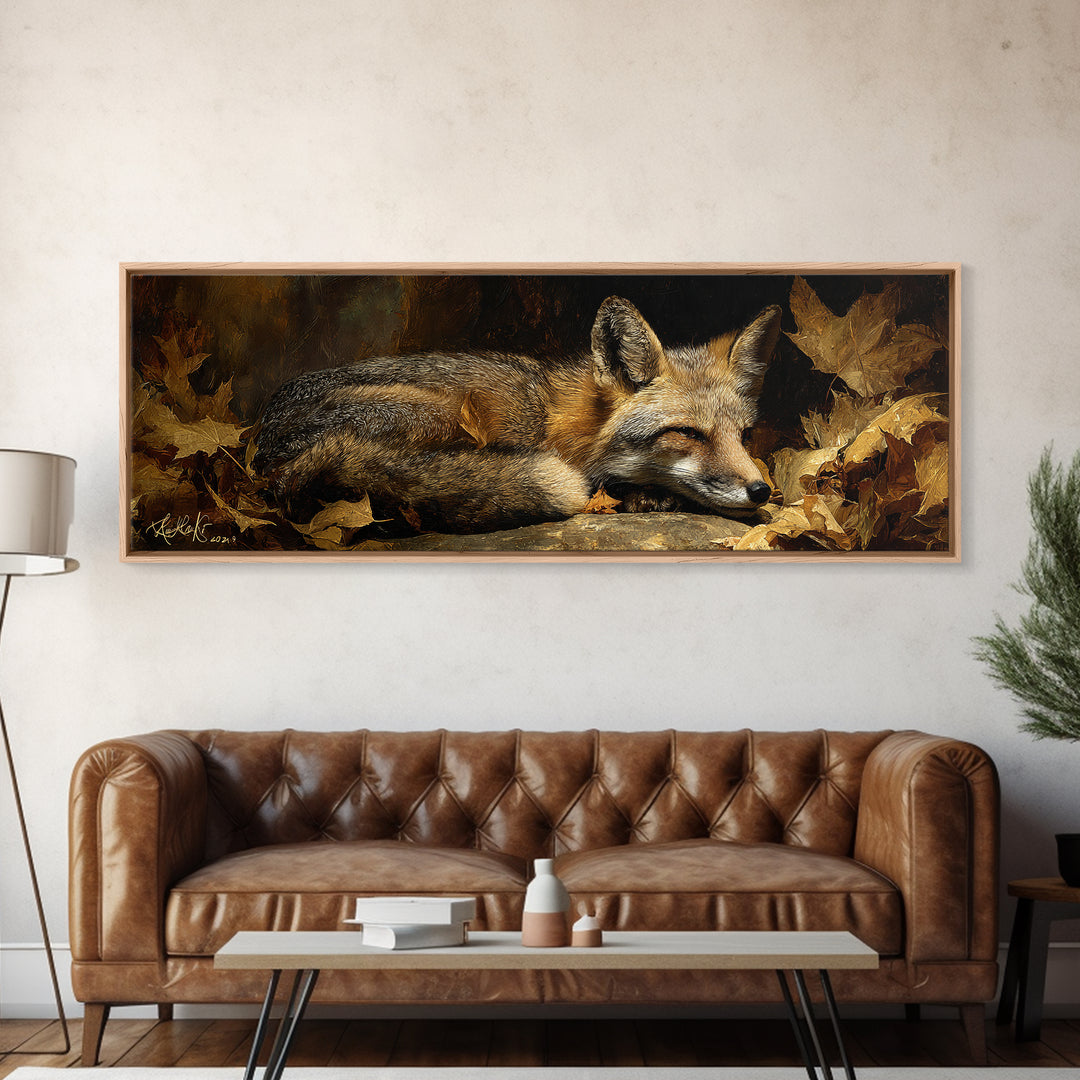 Fox in Autumn Forest Leaves Canvas Print, Wildlife Art, Modern Art, Living Room Decor, Fine Art, Wild, Neutral Decor, WIL-3x1-49