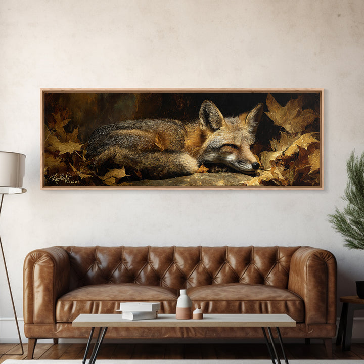 Fox in Autumn Forest Leaves Canvas Print, Wildlife Art, Modern Art, Living Room Decor, Fine Art, Wild, Neutral Decor, WIL-3x1-49