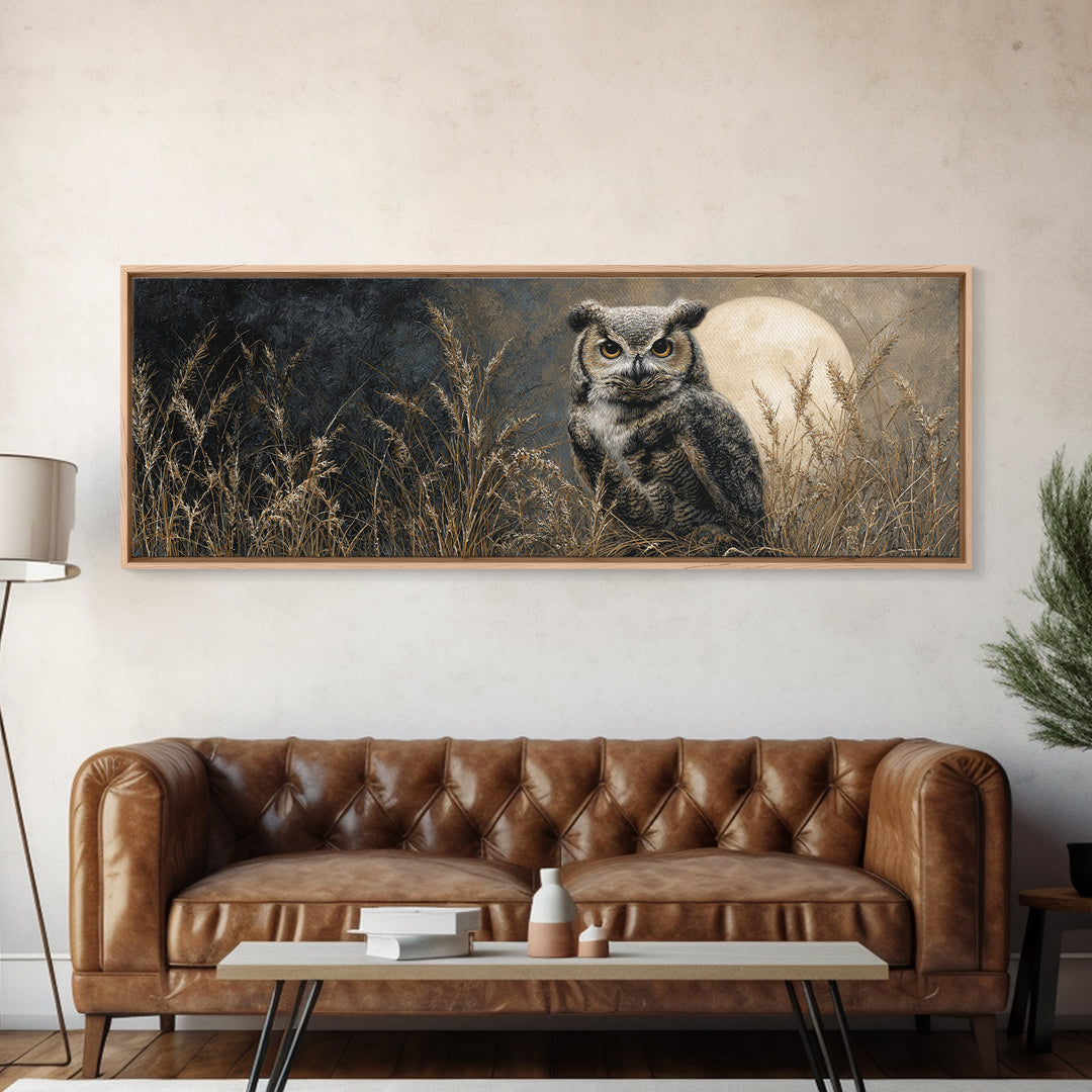 Owl Perched in Moonlit Woodland Framed Canvas Print, Wildlife Art, Room Decor, Living Room Decor, Abstract Art, Wild, WIL-3x1-52