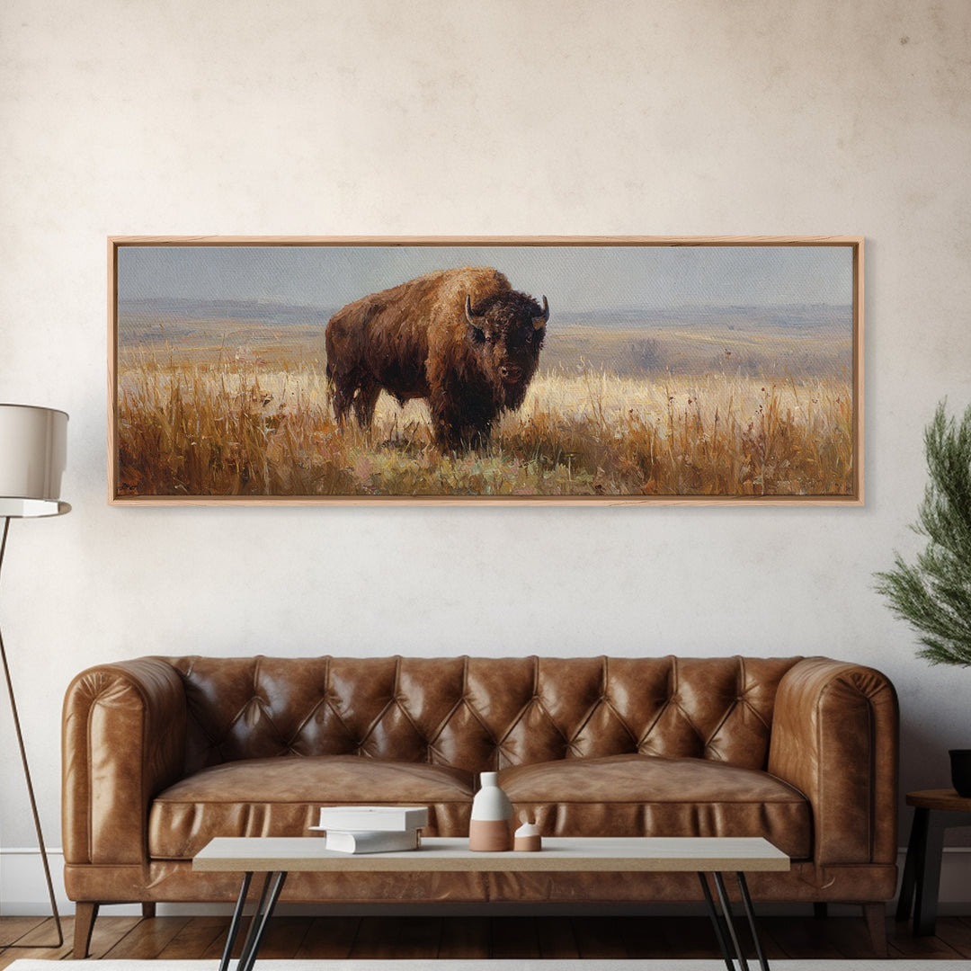 Bison on Wide Western Prairie Framed Canvas Print, Wildlife Art, Landscape Art, Living Room Decor, Fine Art, Wild, Modern Decor, WIL-3x1-53