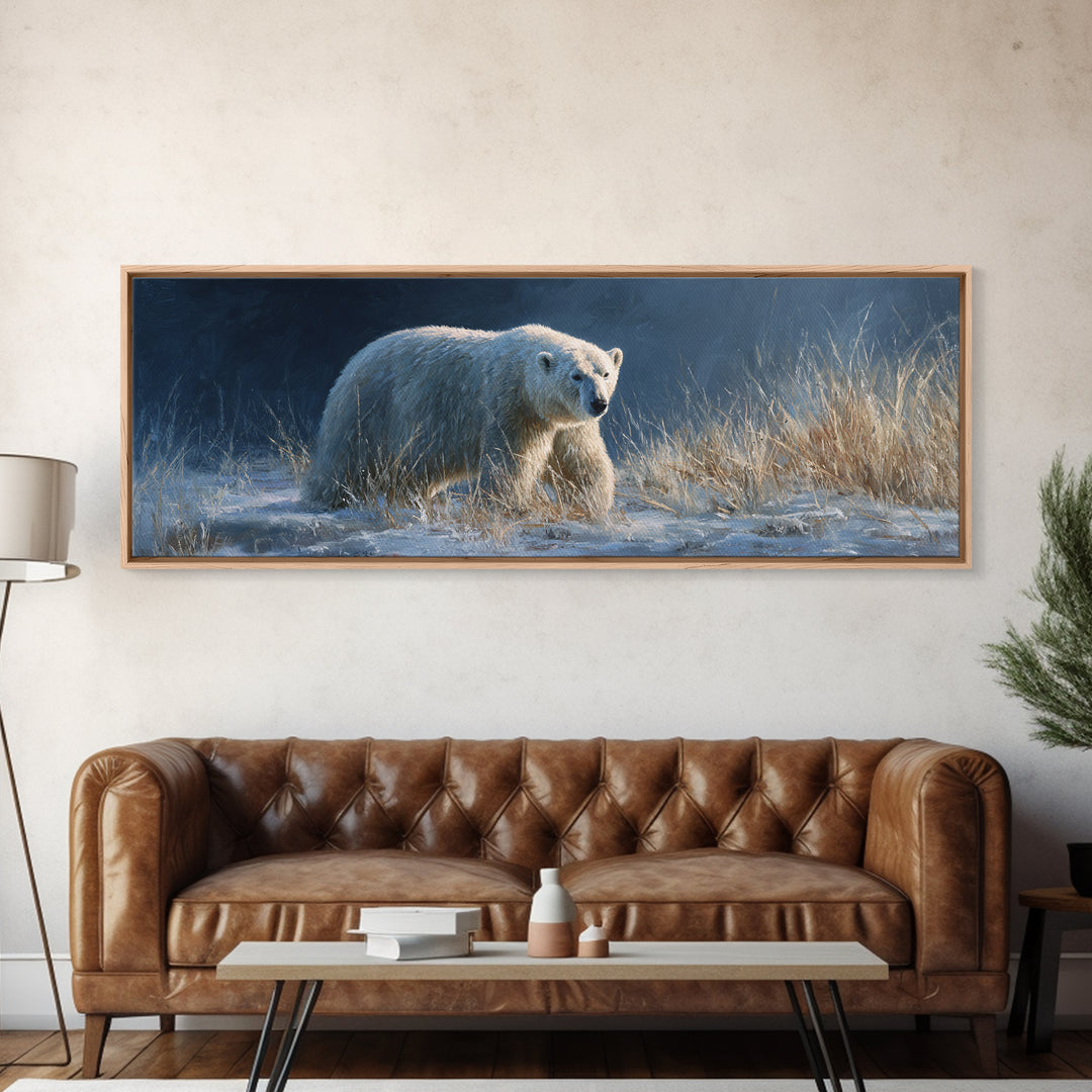 Polar Bear Crossing Blue Ice Framed Canvas Print, Wildlife Art, Contemporary Art, Living Room Decor, Wild, Wall Art Print, WIL-3x1-55