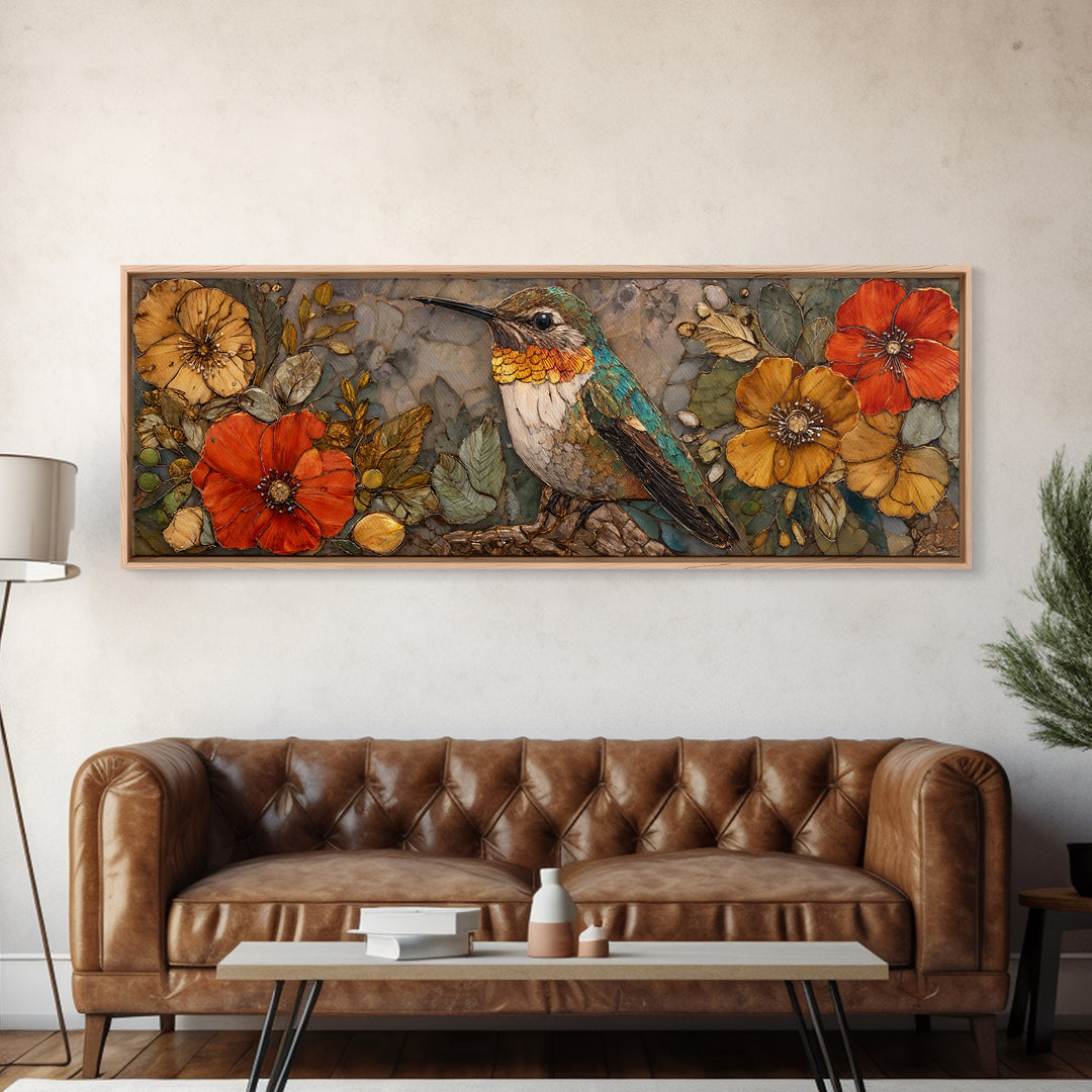 Hummingbird Beside Bright Flowers Framed Canvas Print, Wildlife Art, Textured Painting, Living Room Decor, Oil Painting, Wild, WIL-3x1-56