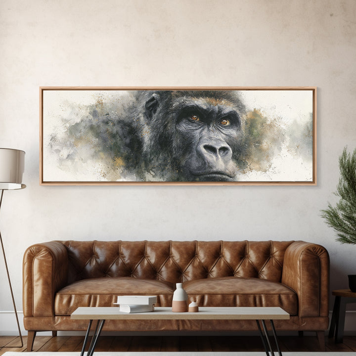 Gorilla Portrait with Powerful Gaze Framed Canvas Print, Wildlife Art, Leopard Wall Art, Living Room Decor, Fine Art, Wild, WIL-3x1-57