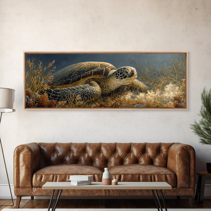 Sea Turtle over Coral Reef Framed Canvas Print, Wildlife Art, Modern Wall Art, Living Room Decor, Fine Art, Wild, Bird Wall Art, WIL-3x1-58