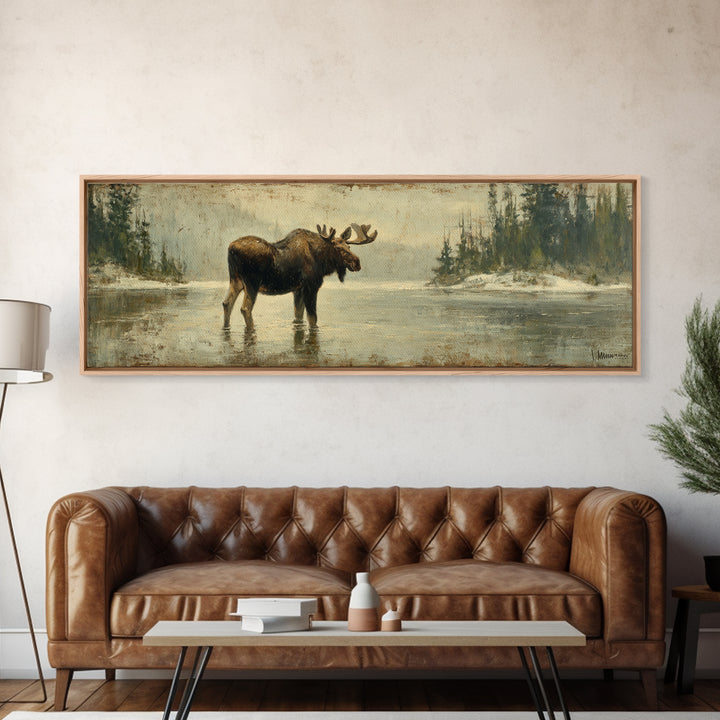 Moose Standing in Reflective Lake Framed Canvas Print, Wildlife Art, Wall Art, Living Room Decor, Wild, Modern Wall Art, WIL-3x1-59