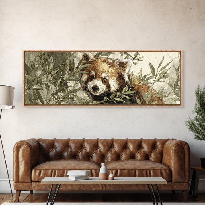 Red Panda Among Bamboo Leaves Framed Canvas Print, Wildlife Art, Boho Decor, Living Room Decor, Fine Art, Wild, Painting, WIL-3x1-60