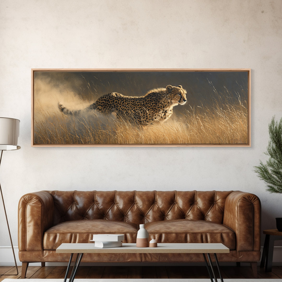Cheetah Running Through Warm Dust Canvas Print, Wildlife Art, Digital Download Art, Living Room Decor, Oil Painting, Wild, WIL-3x1-61