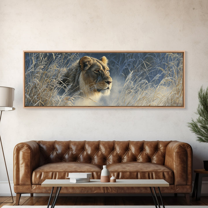 Lion Emerging from Golden Savanna Grass Canvas Print, Wildlife Art, Living Room Art, Living Room Decor, Watercolor Art, Wild, WIL-3x1-65