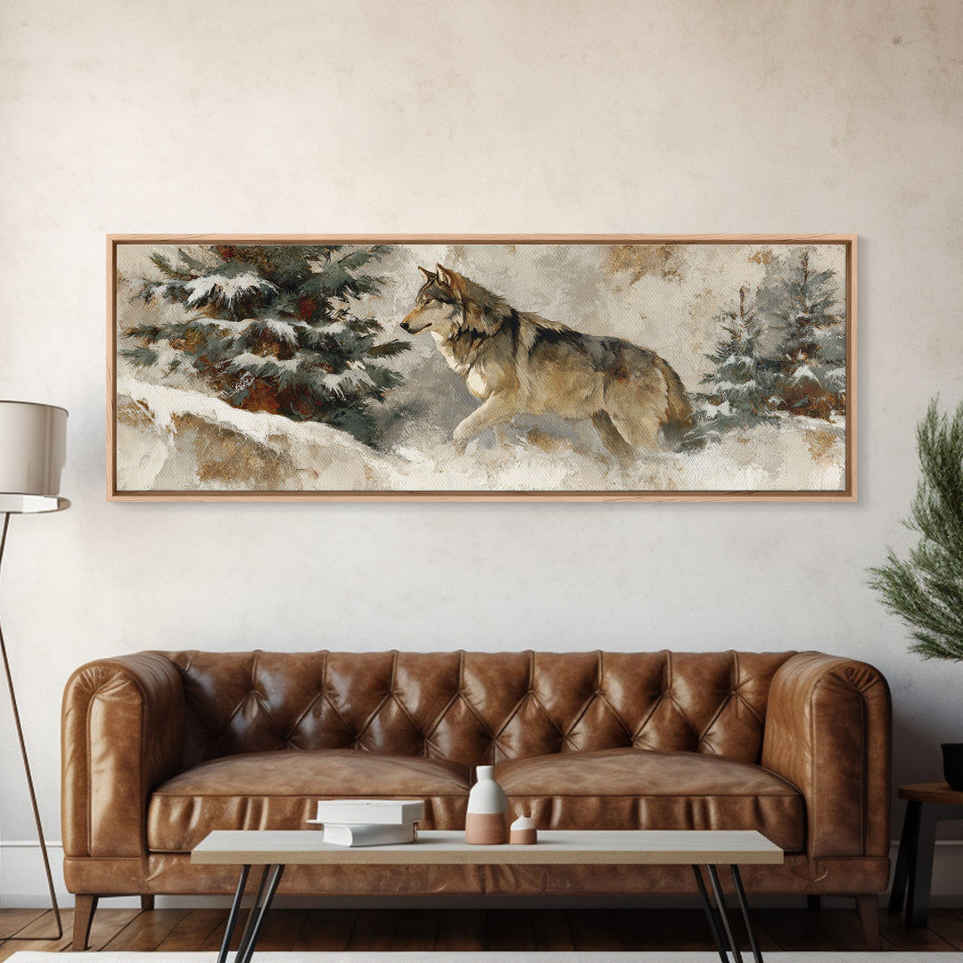 Wolf Standing Beneath Snowy Pine Trees Framed Canvas Print, Wildlife Art, Large Wall Art, Living Room Decor, Abstract Art, Wild, WIL-3x1-67