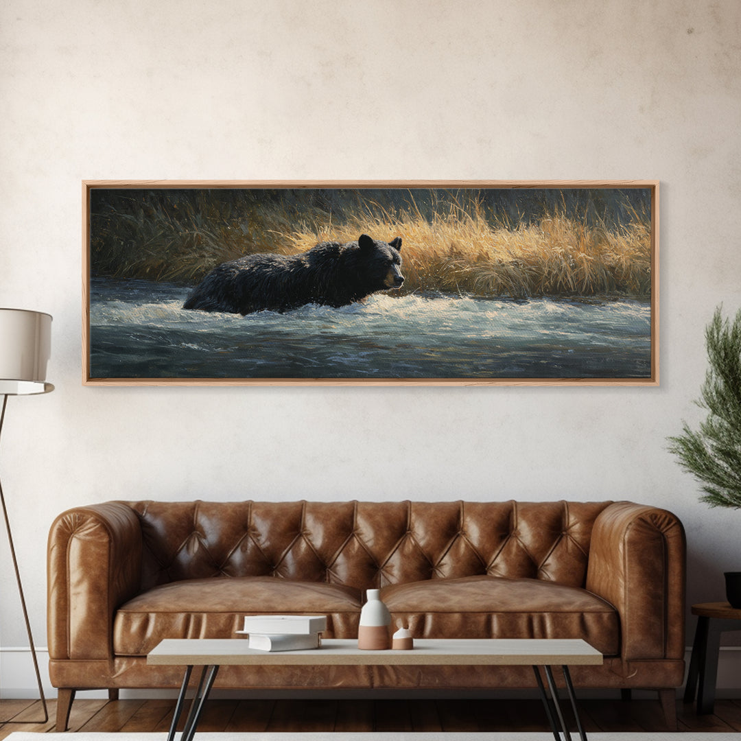 Bear Fishing in Rushing Mountain River Framed Canvas Print, Wildlife Art, Living Room Decor, Watercolor Art, Wild, WIL-3x1-68