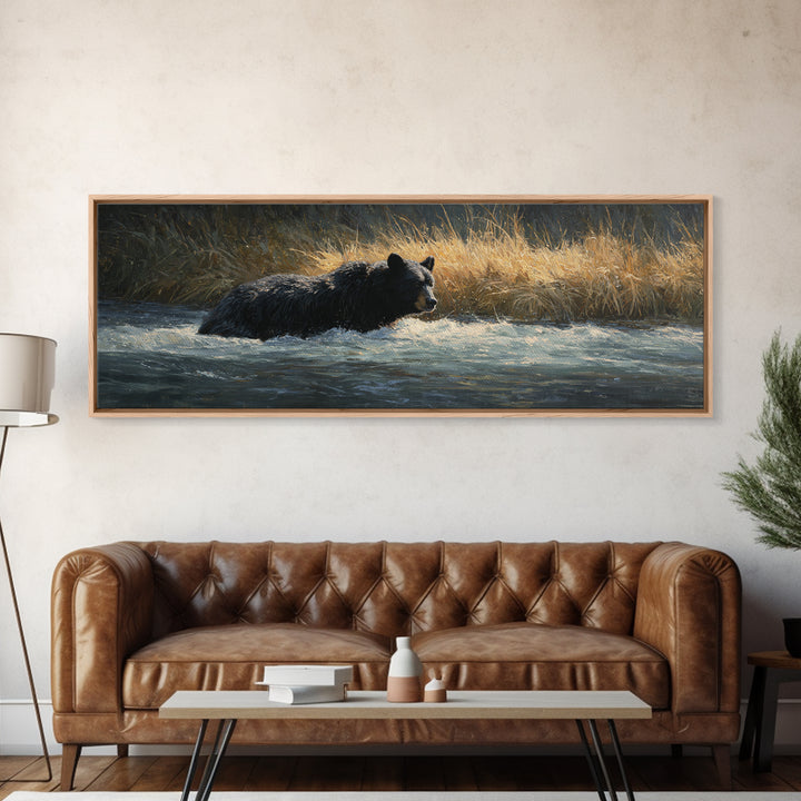 Bear Fishing in Rushing Mountain River Framed Canvas Print, Wildlife Art, Living Room Decor, Watercolor Art, Wild, WIL-3x1-68