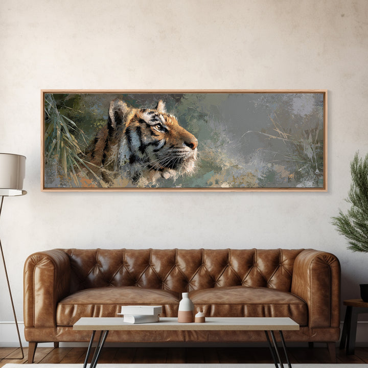 Tiger Portrait with Jungle Shadows Framed Canvas Print, Wildlife Art, Canvas Painting, Living Room Decor, Fine Art, Wild, WIL-3x1-69