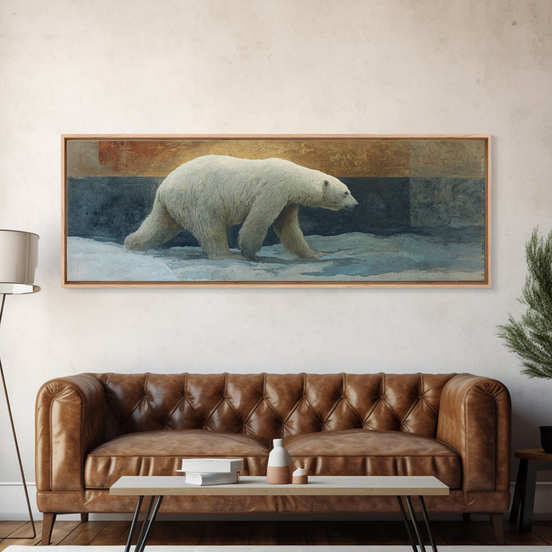 Polar Bear Crossing Blue Ice Framed Canvas Print, Wildlife Art, Neutral Decor, Living Room Decor, Fine Art, Wild, Wall Art, WIL-3x1-7