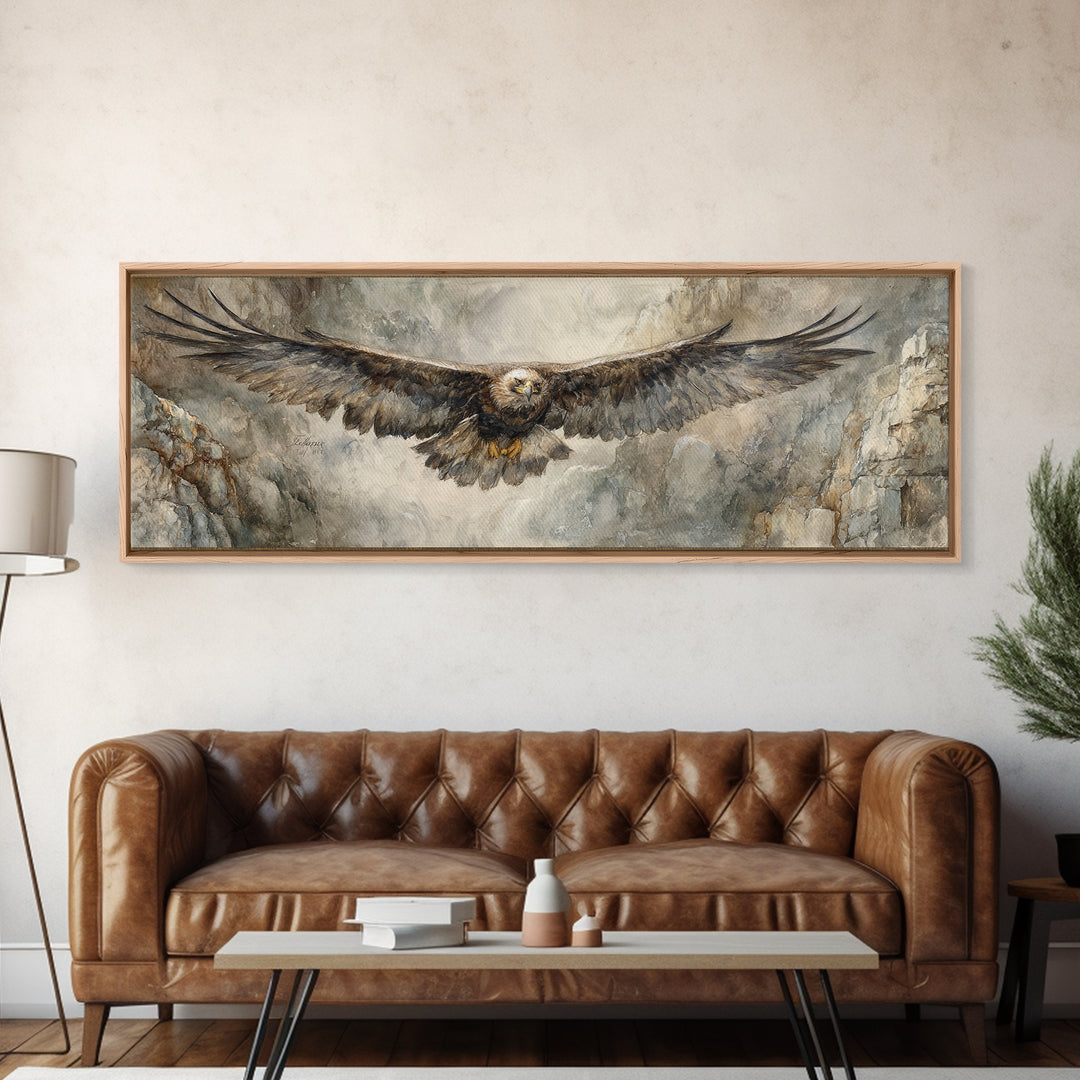 Eagle Soaring Above Rocky Cliffs Canvas Print, Wildlife Art, Art Print, Living Room Decor, Oil Painting, Wild, Digital Wall Art, WIL-3x1-70