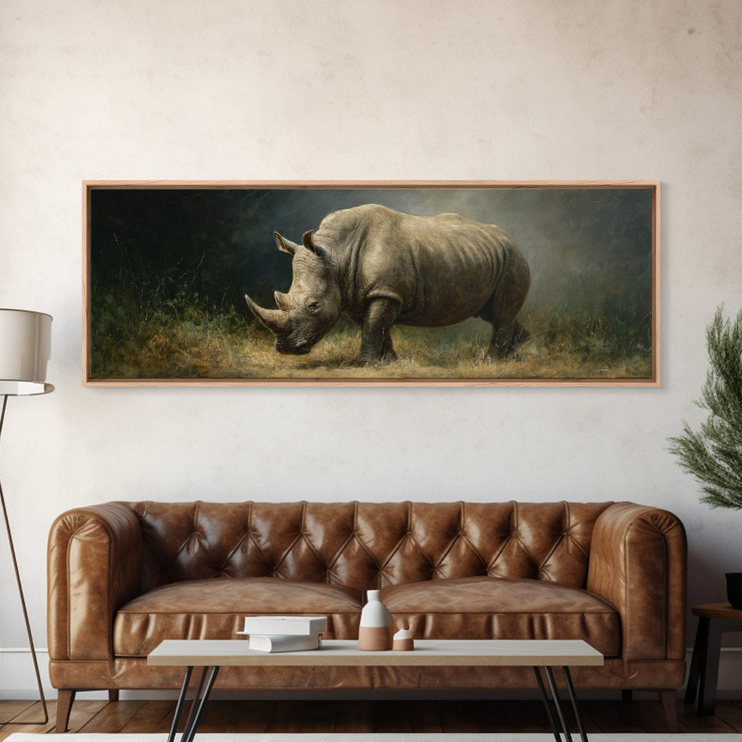 Rhino in Dramatic Stormy Light Framed Canvas Print, Wildlife Art, Wall Art, Living Room Decor, Fine Art, Wild, Modern Wall Art, WIL-3x1-72